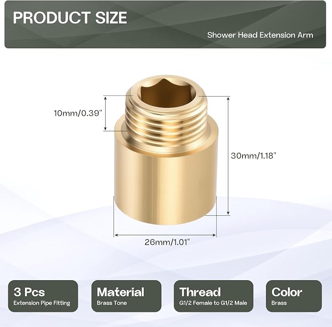Shower Head Extension Arm, Brass G1/2 Male to Female Thread 30mm/1.18" Length Extender Pipe Fitting Nipple for Showers, Faucets, and Plumbing with PTFE Thread Seal Tape 3 Pack