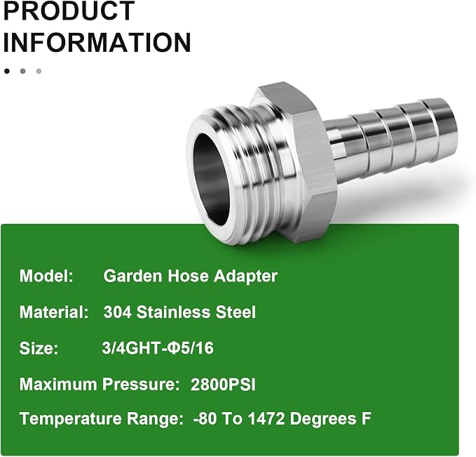 TAISHER 1PCS 304 Stainless Steel Garden Hose Barb Connector, 5/16" x 3/4" GHT Male, Hose Clamps