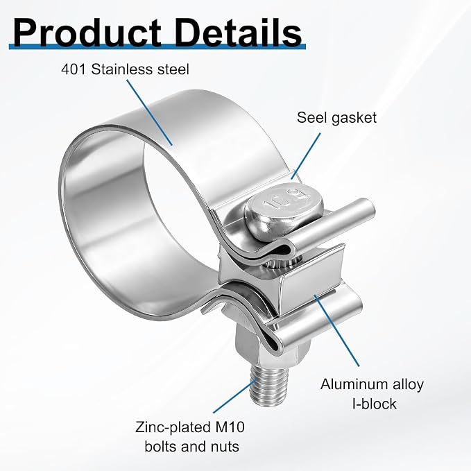 HARFINGTON 2pcs 410 Stainless Steel Exhaust Clamp 1.97" Butt Joint Narrow Band Muffler Seal Exhaust Narrow Lap Butt Clamps for Pipes Mufflers Converters System Repair, Silver