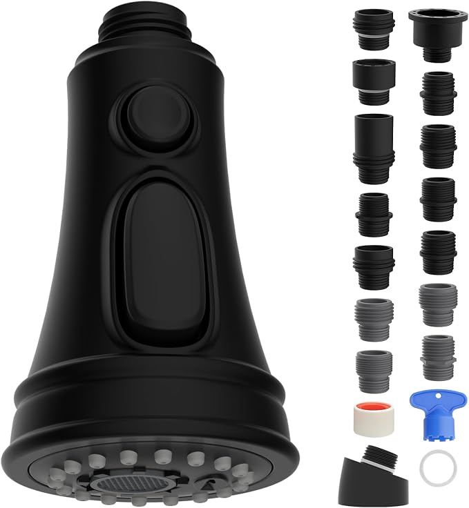 Universal Kitchen Faucet Head Replacement 3 Modes, 15 Adapters, Matte Black