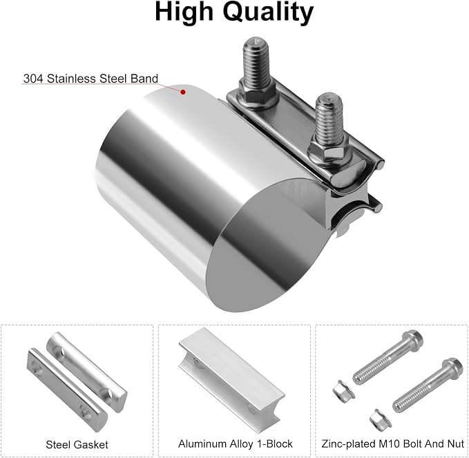 3.0 Exhaust Clamp, 3 Inch Butt Joint Sleeve Coupler 2 Pcs | 304 Stainless Steel Exhaust Band Clamp, No Weld, 360° Seal For Exhaust Pipe, Muffler and Catalytic Converter