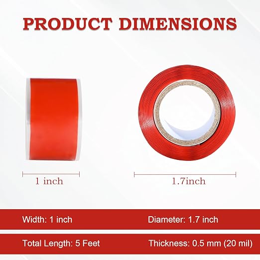 Self Fusing Silicone Tape 1 in x 5' Red Waterproof Rubber Leak Proof Sealing Silicone Rubber Self-amalgamating Tape for Emergency Hot and Cold Water Pipe Repairs and Tool Fixation