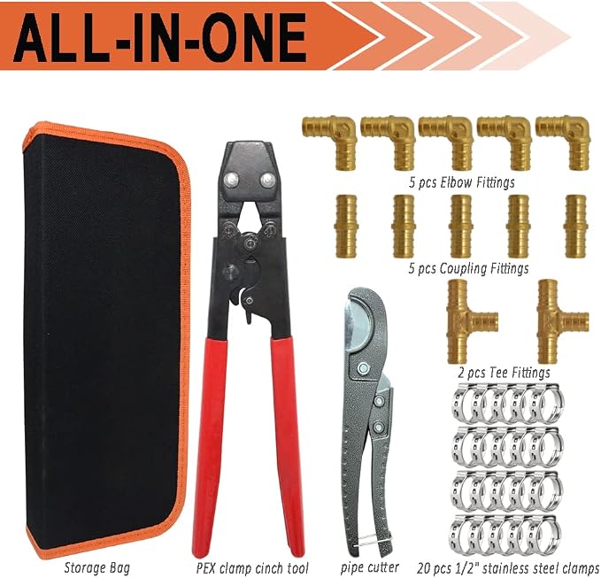 TTFLEX RV Pex Repair Kit with Cinch Tool, Pipe Cutter & 1/2" Brass Fittings | Pex Cinch Tool Kit, All-in-One Kit, Lead-Free, 12 PCS 1/2" Tee Elbow Coupling Fittings, 20 PCS 1/2" PEX Cinch Clamp Rings