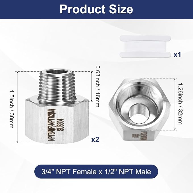 M METERXITY 2-Pack Garden Hose Adapter, Stainless Steel 3/4" NPT Female x 1/2" NPT Male Threaded Connector with Sealing Tape Garden Hose Convert Fitting for Pipe Fitting/Shower