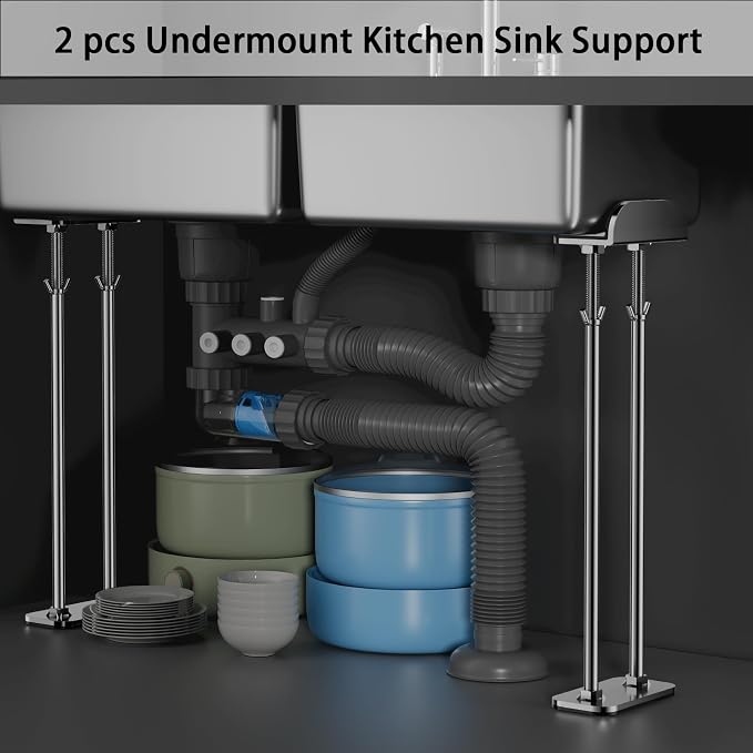 2pcs Undermount Kitchen Sink Support Save Space Upright Undermount Sink Repair Kit with Anti-Slip Shock-Absorbing Pad Stainless Steel Adjustable Support(18.9-26.7in)