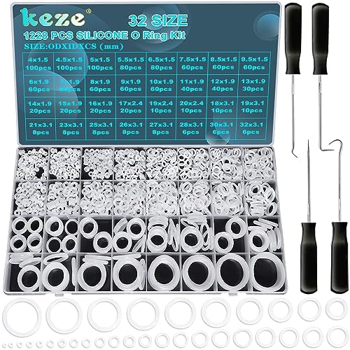KEZE 1228 Pcs 32 Size Clear Food Grade Silicone O Rings Assortment Kit with Pick and Hook,White Heat Resistance VMQ Seal O Ring Set Metric OD:4-32mm