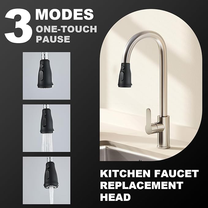 Kitchen Faucet Head Replacement Part, G1/2 (13/16" Male Thread) Pull Down Pull Out Sink Sprayer Nozzle, 3 Functions Stream Spray Pause Faucet Tip, Matte Black