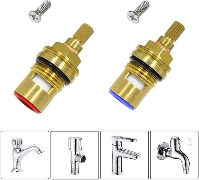 Huashan Replacement Brass Ceramic Disc Stem Cartridge Faucet Valve Quarter Turn 1/2" X 53mm x 12mm spline length 20 teeth(PAIR Hot & Cold)