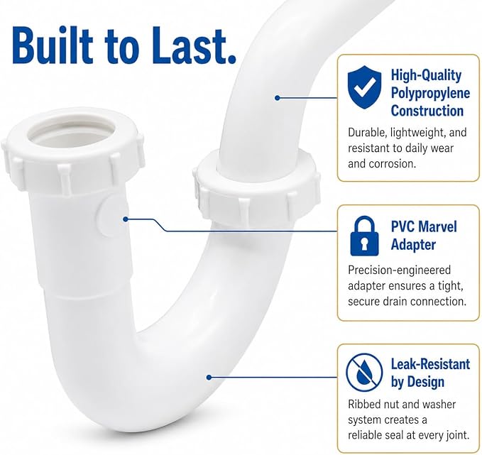 1-1/4 Inch P-Trap Kit, Polypropylene Tubular with PVC Marvel Adapter, Ribbed Threaded Nuts for Strong Leak-Free Connection, Includes J-Bend, Wall Arm & Washers
