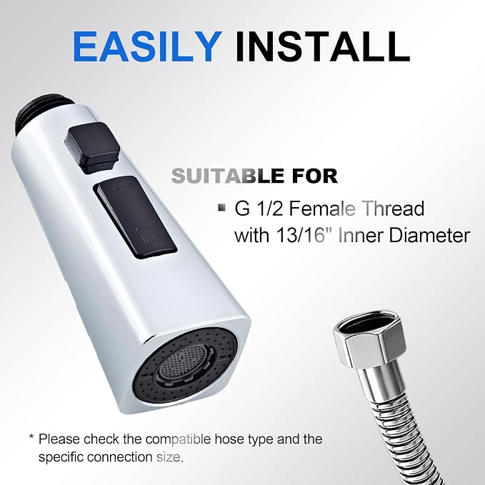 Square Kitchen Faucet Head Replacement Part, G1/2 (13/16" Male Thread) Pull Down Pull Out Sink Sprayer Nozzle, 3-Mode Stream Spray Pause Commercial Utility Tap Spout Only, Chrome