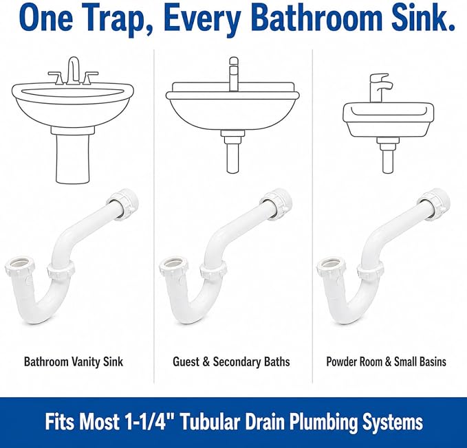 1-1/4 Inch P-Trap Kit, Polypropylene Tubular with PVC Marvel Adapter, Ribbed Threaded Nuts for Strong Leak-Free Connection, Includes J-Bend, Wall Arm & Washers