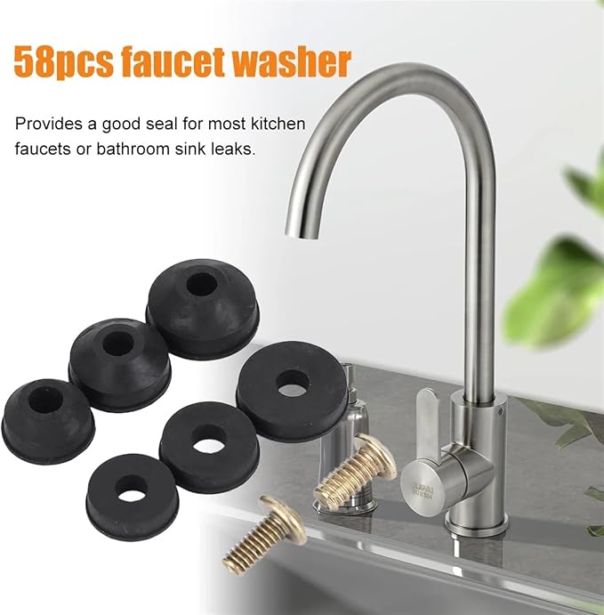 58Pcs Bathtub Faucet Repair Set Flat and Beveled Faucet Washers Repair Kit Rubber O-Ring for Kitchen Tap Or Bathroom Sink Leak