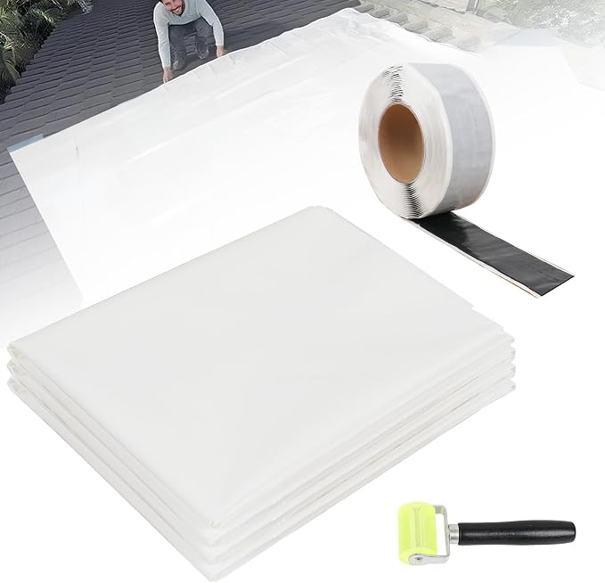 Self-Adhesive Roof Tarp | 5’ x 5’ Heavy Duty Roof Tarp with Self Stick Roll Butyl Tape White Multi Purpose Thick UV-Resistant Roof Waterproof Cloth for Leaks, Roof Repairs