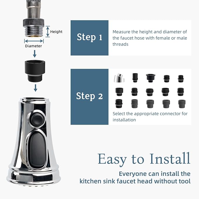 Universal Kitchen Faucet Head Replacement 3-Mode, Extra 15 Adapters, Chrome