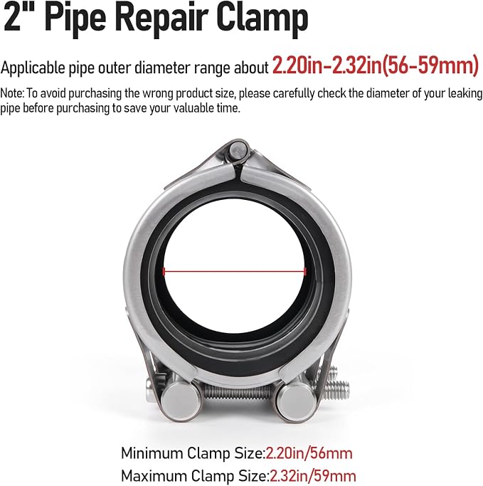 Upgraded Pipe Repair Clamp with M1 Self-Adhesive Leak-Sealing Tape | 304 Stainless Steel Rust-Proof Emergency Pipe Repair Kit for Plastic & Metal Pipes, 2" (56-59mm)
