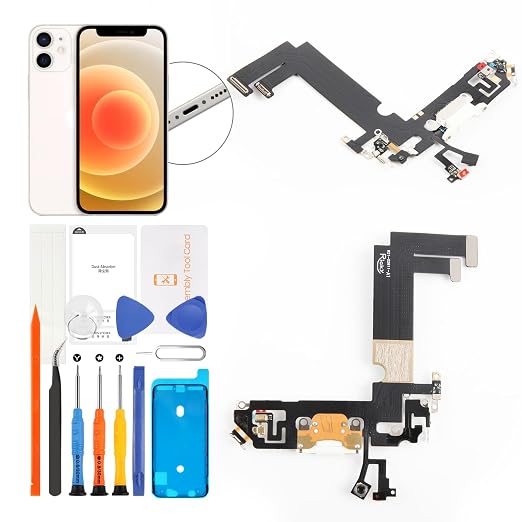 for iPhone 12 mini Lightning Charging Port Replacement Black Dock Connector Flex Cable Assembly with Waterproof Tape & Tool Kit A2176 A2398 A2400 A2399 (White)