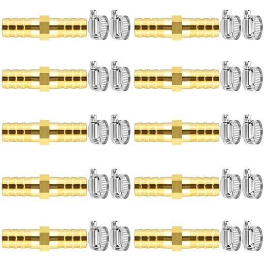 Da by 10 pcs 3/8"(10mm) Barb Splicer Mender Hose Brass Barb Fitting with 20 pcs Stainless Steel Pipe Clamps for Water/Fuel/Air