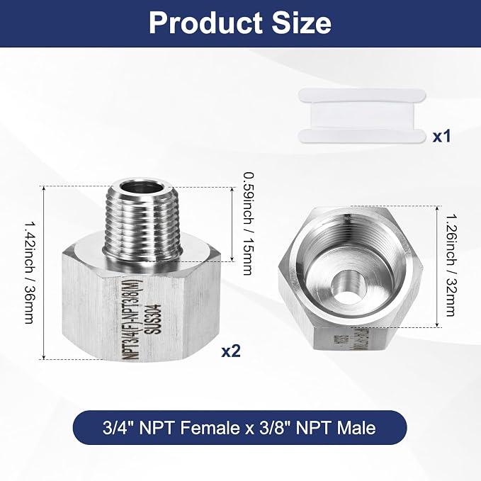 M METERXITY 2-Pack Garden Hose Adapter, Stainless Steel 3/4" NPT Female x 3/8" NPT Male Threaded Connector with Sealing Tape Garden Hose Convert Fitting for Pipe Fitting/Shower