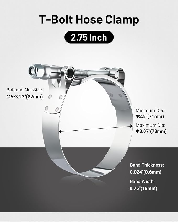 EVIL ENERGY 2.75 Inch T-Bolt Hose Clamps, Stainless Steel 304 Turbo Intake Clamps, 71-78mm Adjustable Range for 2-3/4" Hose ID, Intercooler Radiator Pipe Clamps for Silicone Coolant Hoses, 4PCS