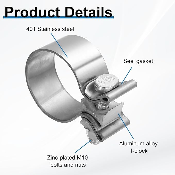 HARFINGTON 410 Stainless Steel Exhaust Clamp 1.38" Butt Joint Narrow Band Muffler Seal Exhaust Narrow Lap Butt Clamps for Pipes Mufflers Converters System Repair, Silver