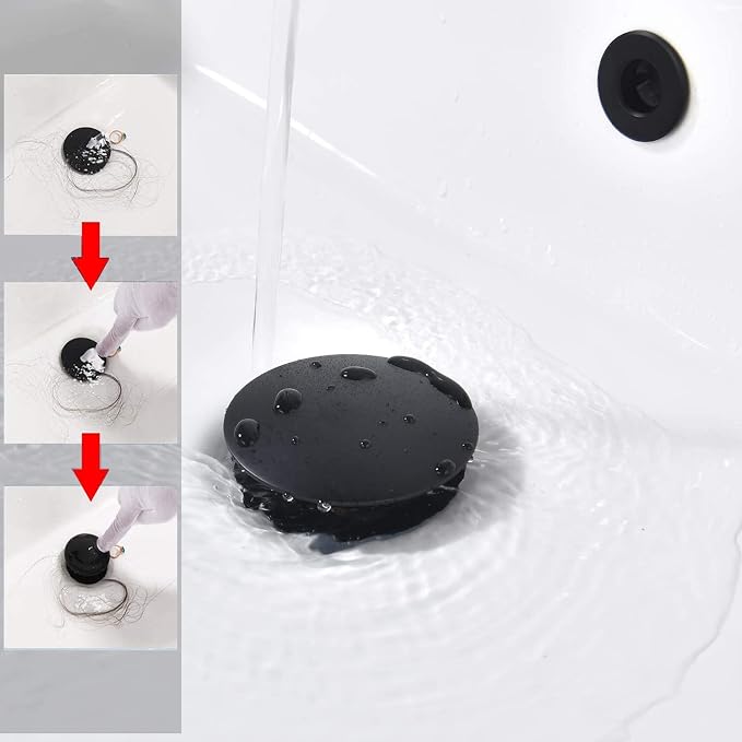 Rockgoya Bathroom Sink Drain,2 Pack Drain Stopper Bathroom Sink with Overflow,Pop Up Drain Assembly with Detachable Strainer Basket,Built-in Anti-Clogging Strainer,Stainless Steel Mattle Black
