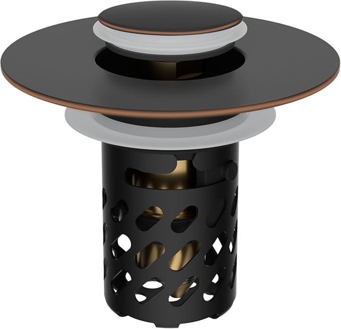 Universal Metal Bathroom Sink Stopper with Hair Catcher, Oil-Rubbed Bronze