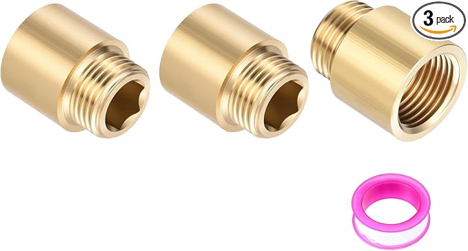 Shower Head Extension Arm, Brass G1/2 Male to Female Thread 30mm/1.18" Length Extender Pipe Fitting Nipple for Showers, Faucets, and Plumbing with PTFE Thread Seal Tape 3 Pack