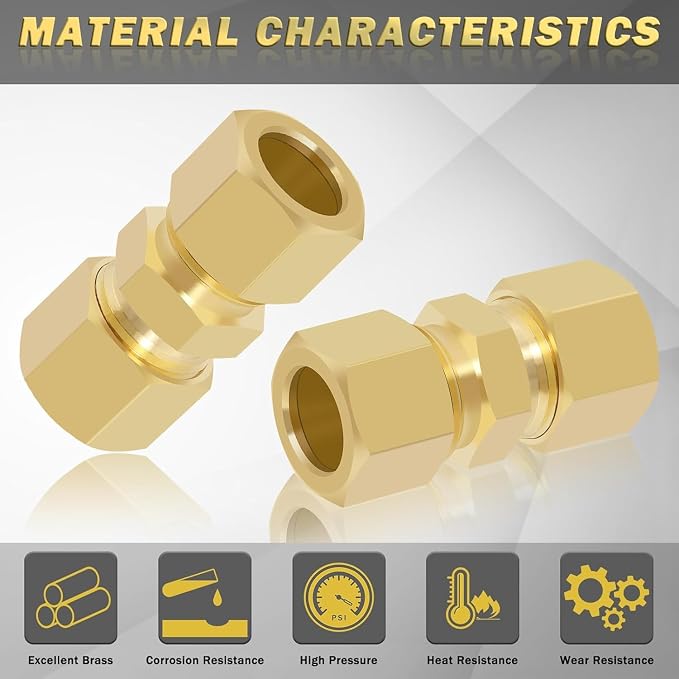 5/16" OD x 5/16" OD Brass Compression Union Fitting, 10 Pack Straight Tube Coupling Adapter with 10 Compression Ferrules for Ice Maker Water Plumbing