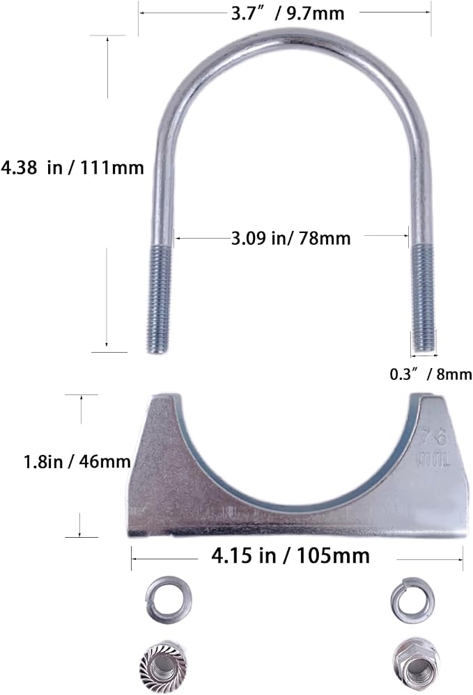 3"Heavy Duty Exhaust U Clamps Saddle Style Muffler U-Bolt Clamp, Stainless Steel, Pack of 2 (76MM-Fit 3"OD Pipe)