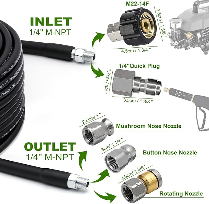 WEST BAY Sewer Jetter Kit 25 FT for Pressure Washer, 5800 PSI Drain Cleaner Hose 1/4 Inch NPT Corner Rotating and Button Nose Sewer Jetting Nozzle Spanner WatertightTape Pearl Corsage Pin | 1/4 Inch NPT, Corner, Rotating and Button Nose Sewer Jetting N...