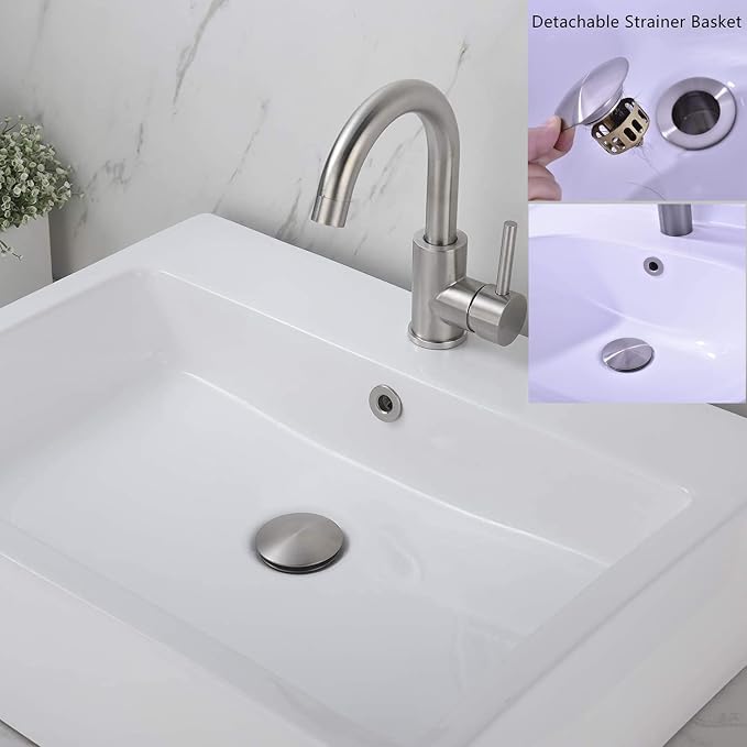 Rockgoya Bathroom Sink Drain,Drain Stopper Bathroom Sink Without Overflow,Pop Up Drain Assembly with Detachable Strainer Basket,Built-in Anti-Clogging Strainer,Stainless Steel Brushed Nickel
