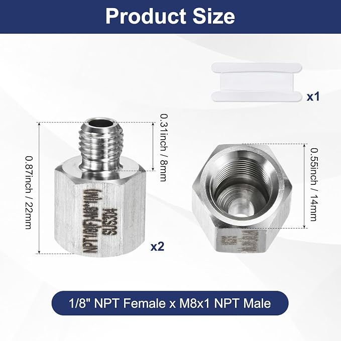 M METERXITY 2-Pack Garden Hose Adapter, Stainless Steel 1/8" NPT Female x M8x1 NPT Male Threaded Connector with Sealing Tape Garden Hose Convert Fitting for Pipe Fitting/Shower