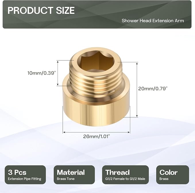 Shower Head Extension Arm, Brass G1/2 Male to Female Thread 20mm/0.79" Length Extender Pipe Fitting Nipple for Showers, Faucets, and Plumbing with PTFE Thread Seal Tape 3 Pack