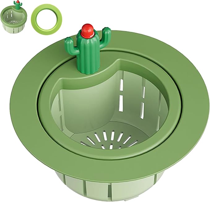 Upgraded Cactus Sink Strainer Basket with Widened Gasket, Green Kitchen Sink Strainer Fits 3.07"-4.25" Drains, Automatic Dumping Sink Filter Basket for Anti-Clog Food Catching (0.11 lbs, 1 Pack)