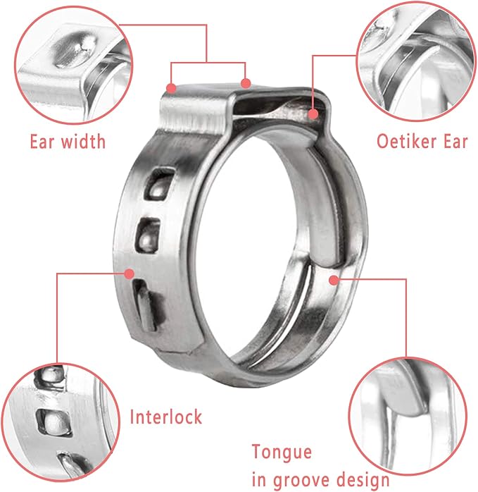 40 Pack 25.4mm-28.6mm Single Ear Hose Clamps Stainless Steel PEX Cinch Clamps Crimp Hose Clamp Stepless Cinch Crimp Rings Pinch Fitting Tools
