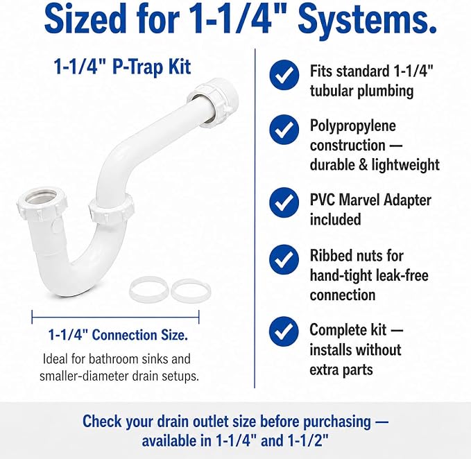 1-1/4 Inch P-Trap Kit, Polypropylene Tubular with PVC Marvel Adapter, Ribbed Threaded Nuts for Strong Leak-Free Connection, Includes J-Bend, Wall Arm & Washers