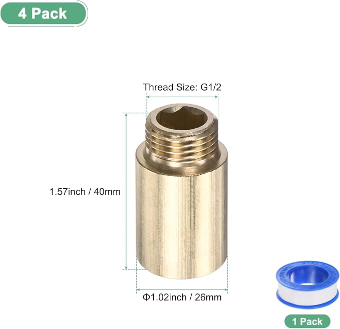 M METERXITY Shower Head Extension Arm, Brass G1/2 Male to Female Extension Pipe Fitting Adapter with PTFE Thread Seal Tape for Shower/Faucet, Pipe Plumbing Coupler 1.57"/40mm 3-Pack