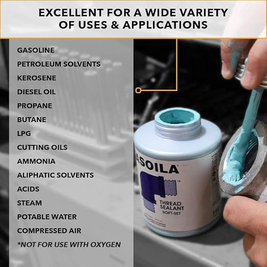 Gasoila Soft-Set Pipe Thread Sealant – Non-Hardening Paste for Metal & Plastic, 1/4 Pint with Brush Cap – Reliable Leak Prevention, Drip-Resistant, Temp Range -100 to 600°F (Pack of 6)