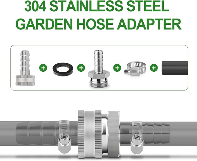 TAISHER 2PCS 304 Stainless Steel Garden Hose Repair Connector, 3/4" Barb x 3/4" GHT Male Garden Hose Adapter with Hose Clamps