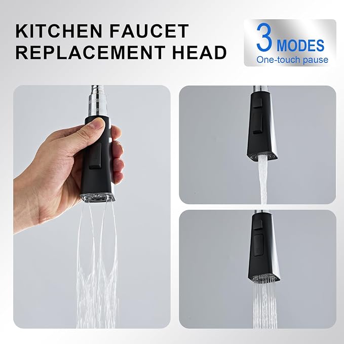 Square Kitchen Faucet Head Replacement Part, G1/2 (13/16" Male Thread) Pull Down Pull Out Sink Sprayer Nozzle, 3-Mode Stream Spray Pause Commercial Utility Tap Spout Only,Matte Black