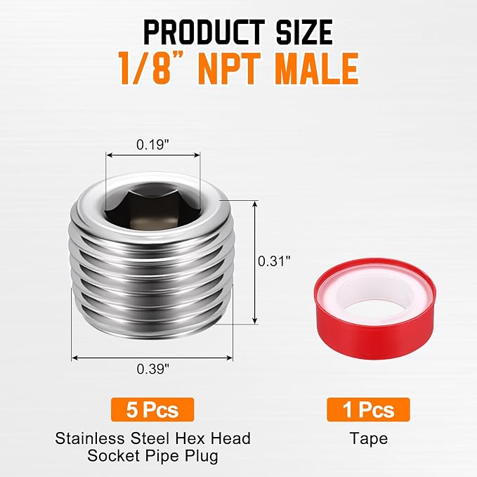5Pack Hex Head Socket Pipe Plug Fitting Male Threaded End Cap | 1/8" NPT, 304 SS, Hex Thread Pipe Fittings, with W/Tape, for Water Pump Engine Industrial Piping