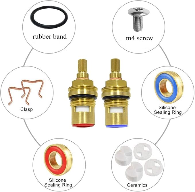 Huashan Replacement Brass Ceramic Disc Stem Cartridge Faucet Valve Quarter Turn 1/2" X 53mm x 12mm spline length 20 teeth(PAIR Hot & Cold)