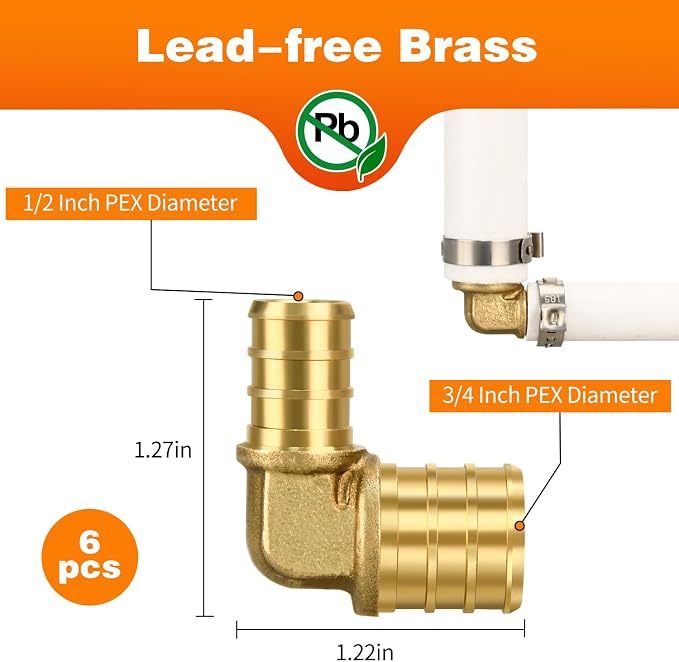 6 Pack 3/4" × 1/2" Brass PEX Elbow Fittings | for PEX Pipe in Plumbing Jobs