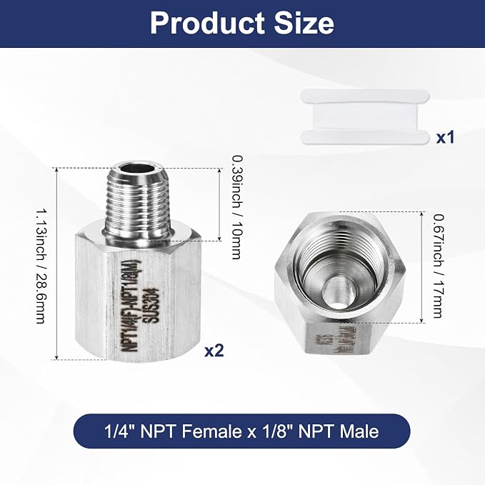 M METERXITY 2-Pack Garden Hose Adapter, Stainless Steel 1/4" NPT Female x 1/8" NPT Male Threaded Connector with Sealing Tape Garden Hose Convert Fitting for Pipe Fitting/Shower