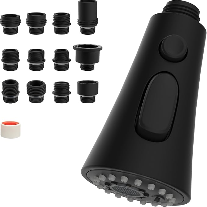 Hibbent Pull Down Kitchen Faucet Head Replacement with 12 Adapters, NSF/ANSI/CAN 61 & CUPC Certified 3-Function Sink Spray Nozzle, Compatible with Moen, Delta, Kohler Faucets, Matte Black