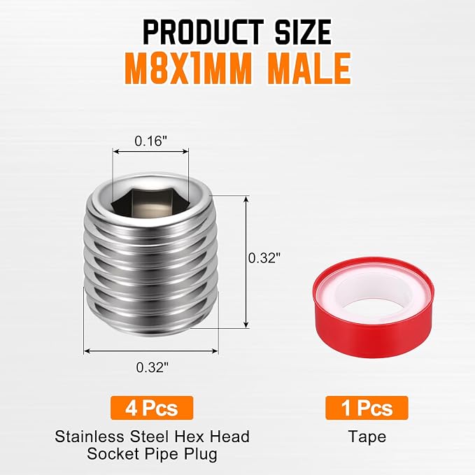 4Pack Hex Head Socket Pipe Plug Fitting M8x1mm Male Threaded End Cap | 304 SS, Hex Thread Pipe Fittings, W/Tape, for Water Pump Engine Industrial Piping