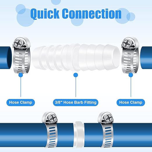 Treela 10 Set Plastic Hose Barb Fitting 3/8" x 3/8" Pipe Connectors Barbed Splicer Mender Joint Adapter Union with 20 Pcs Hose Clamps for Household Adapters Fuel Gas Liquid Air Repair