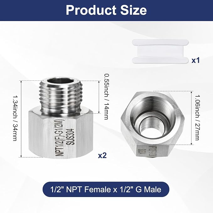 M METERXITY 2-Pack Garden Hose Adapter, Stainless Steel 1/2" NPT Female x 1/2" g Male Threaded Connector with Sealing Tape Garden Hose Convert Fitting for Pipe Fitting/Shower