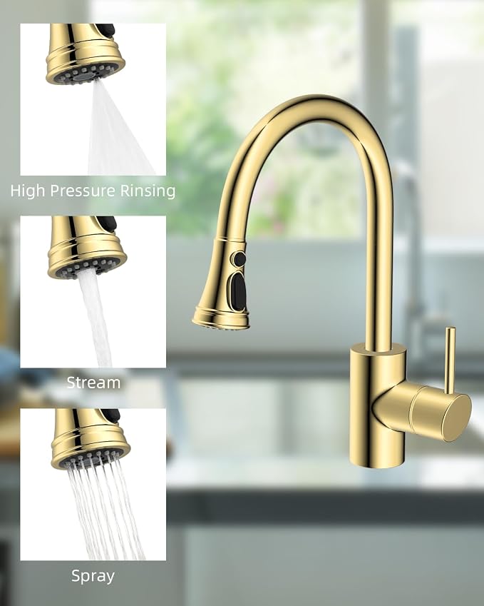 Hibbent Kitchen Faucet Head Replacement, NSF/ANSI/CAN 61 & CUPC Certified, 3 Function Pull Down Faucet Spray Nozzle - 10 Adapters Compatible with Moen, American Standard, Delta, Kohler-Polished Brass