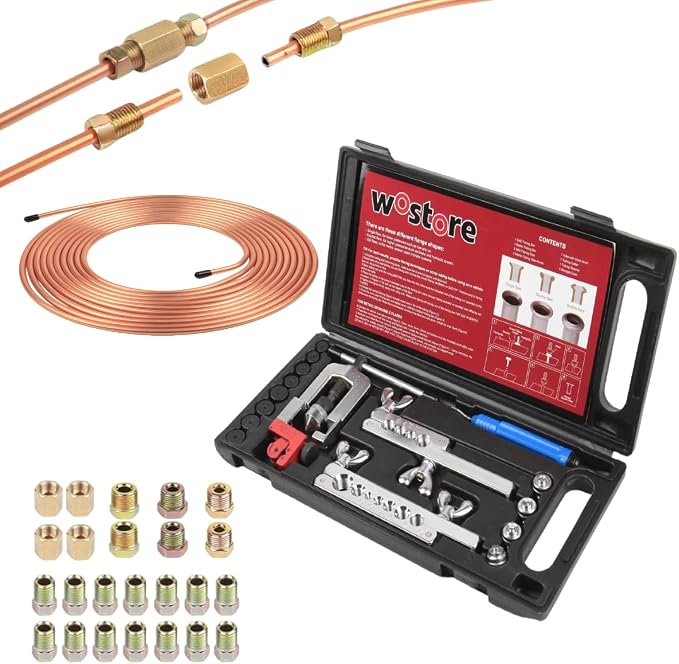 Wostore 25FT Brake Line Kit & Flaring Tool, 24 Brass Fittings, 3/16-5/8" | Double & Single & Bubble flares flaring tool. 25FT 3/16" copper line. Cutter and reamer included. 7 sizes up to 5/8"